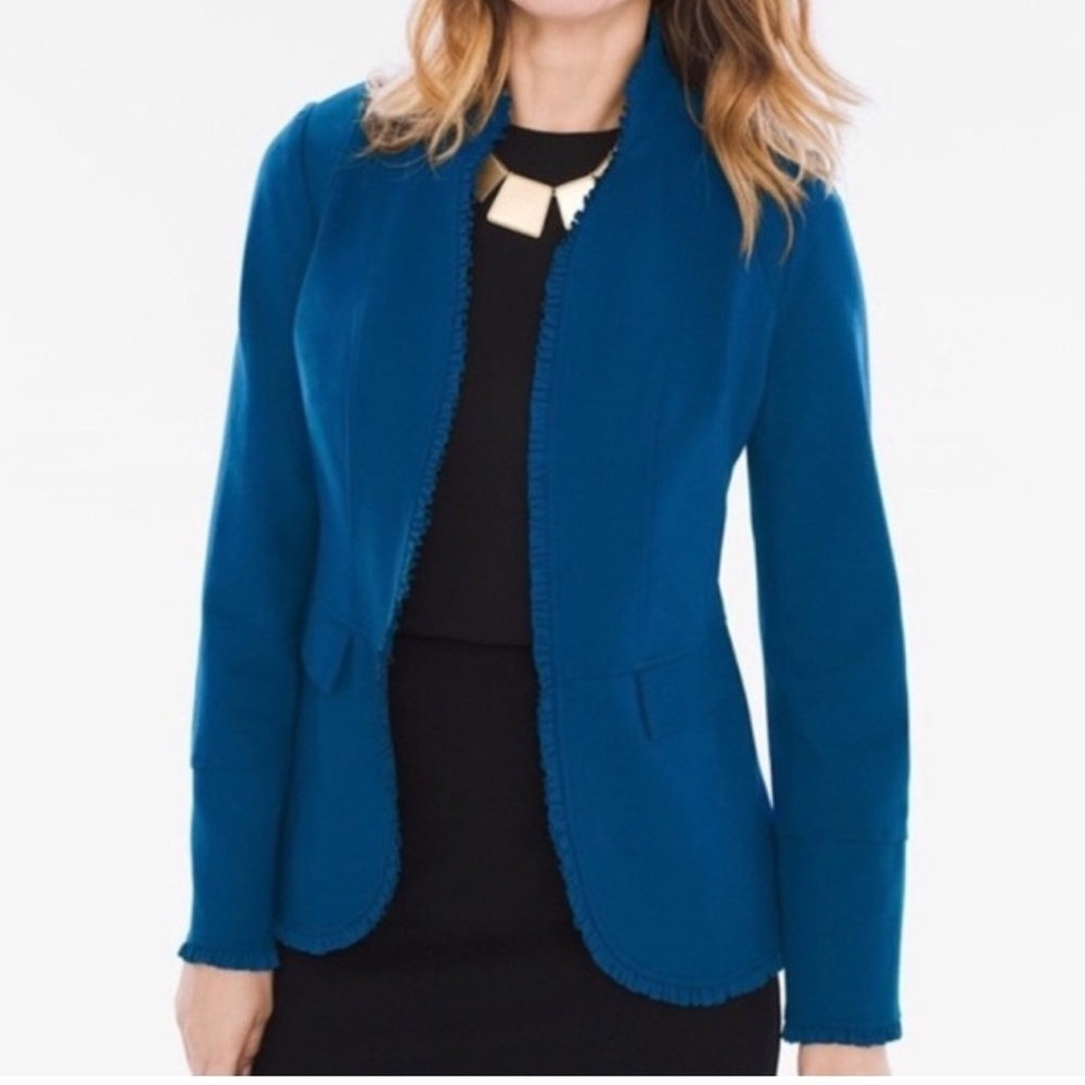 Chico's Blue Women's Jacket ruffle trim collar and sleeves ponte blazer size 2